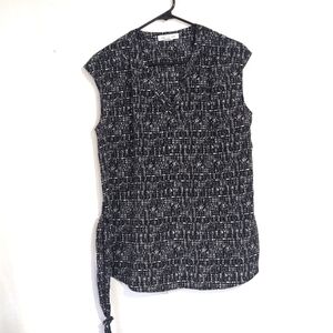 Liz Claiborne Black Hatch Print Sleeveless Blouse Removable Tie Waist Size Med
